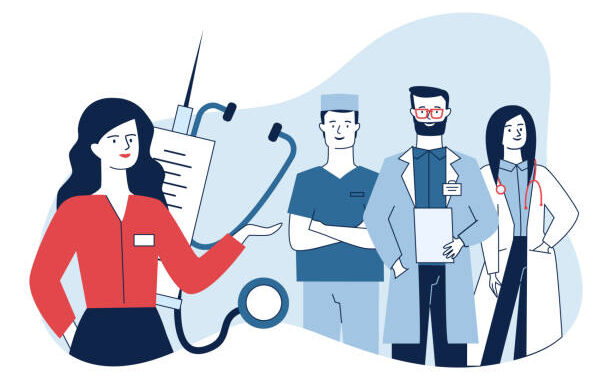 Female medical administrator and her team standing confidently. Medical staff standing flat vector illustration. Health care, medical services concept for banner, website design or landing web page