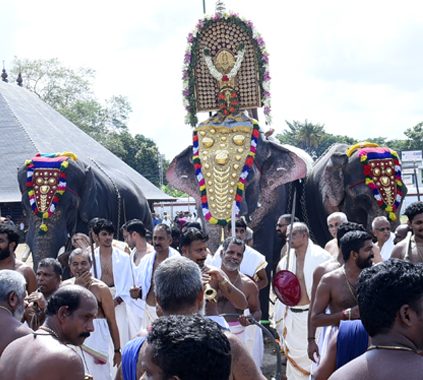 കൂടല്‍മാണിക്യക്ഷേത്രോത്സവത്തിന് തിടമ്പോറ്റിയ ആനക്ക് ഇരുവശത്തും ഉള്ളാനകളായി എഴുന്നള്ളിപ്പില്‍ പങ്കെടുക്കുന്ന നന്തിലത്ത് ഗോപീകണ്ണനും ദേവസ് ആരോമലും.