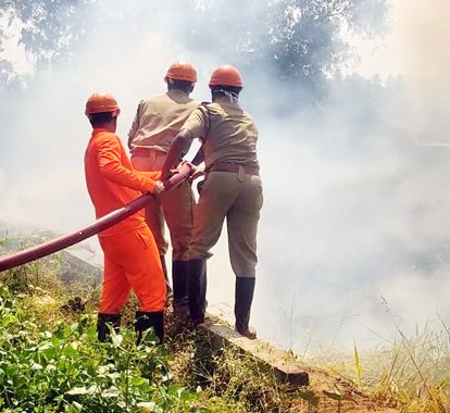 കരുവന്നൂര്‍ പുത്തന്‍തോട് പാടശേഖരത്തില്‍ ഉണ്ടായ തീപിടുത്തം. ഇരിങ്ങാലക്കുടയിലെ ഫയര്‍ഫോഴ്‌സ് സംഘം തീ അണക്കുന്നു. കൃഷി ചെയ്യാതെ തരിശായി കിടന്നിരുന്ന പാടശേഖരത്തിലാണ് തീപിടുത്തം ഉണ്ടായത്.