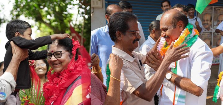 ഇരിങ്ങാലക്കുട മണ്ഡലം എല്‍ഡിഎഫ് സ്ഥാനാര്‍ഥി ആര്‍. ബിന്ദുവിന് എടതിരിഞ്ഞി മങ്കാട്ടില്‍ ക്ഷേത്രപരിസരത്ത് നല്‍കിയ സ്വീകരണം, യുഡിഎഫ് സ്ഥാനാര്‍ഥി തോമസ് ഉണ്ണിയാടന് സ്ഥാനാര്‍ഥി പര്യടനത്തില്‍ വേളൂക്കരയില്‍ നല്‍കിയ സ്വീകരണം.