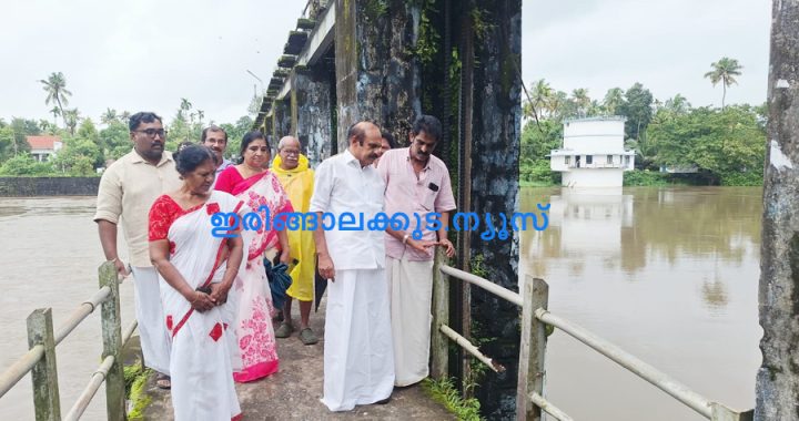 ഇല്ലിക്കല്‍ റെഗുലേറ്റര്‍ കം ബ്രിഡ്ജിന്റെ താഴെ വെള്ളമൊഴുക്കിനെ തടസപ്പെടുത്തി തടിക്കഷണങ്ങളും മറ്റ് വസ്തുക്കളും കിടക്കുന്നത് അഡ്വ. തോമസ് ഉണ്ണിയാടന്‍ എംഎല്‍എയുടെ നേതൃത്വത്തില്‍ ജനപ്രതിനിധികളും വിവിധ വകുപ്പ് ഉദ്യോഗസ്ഥരും പരിശോധിക്കുന്നു.